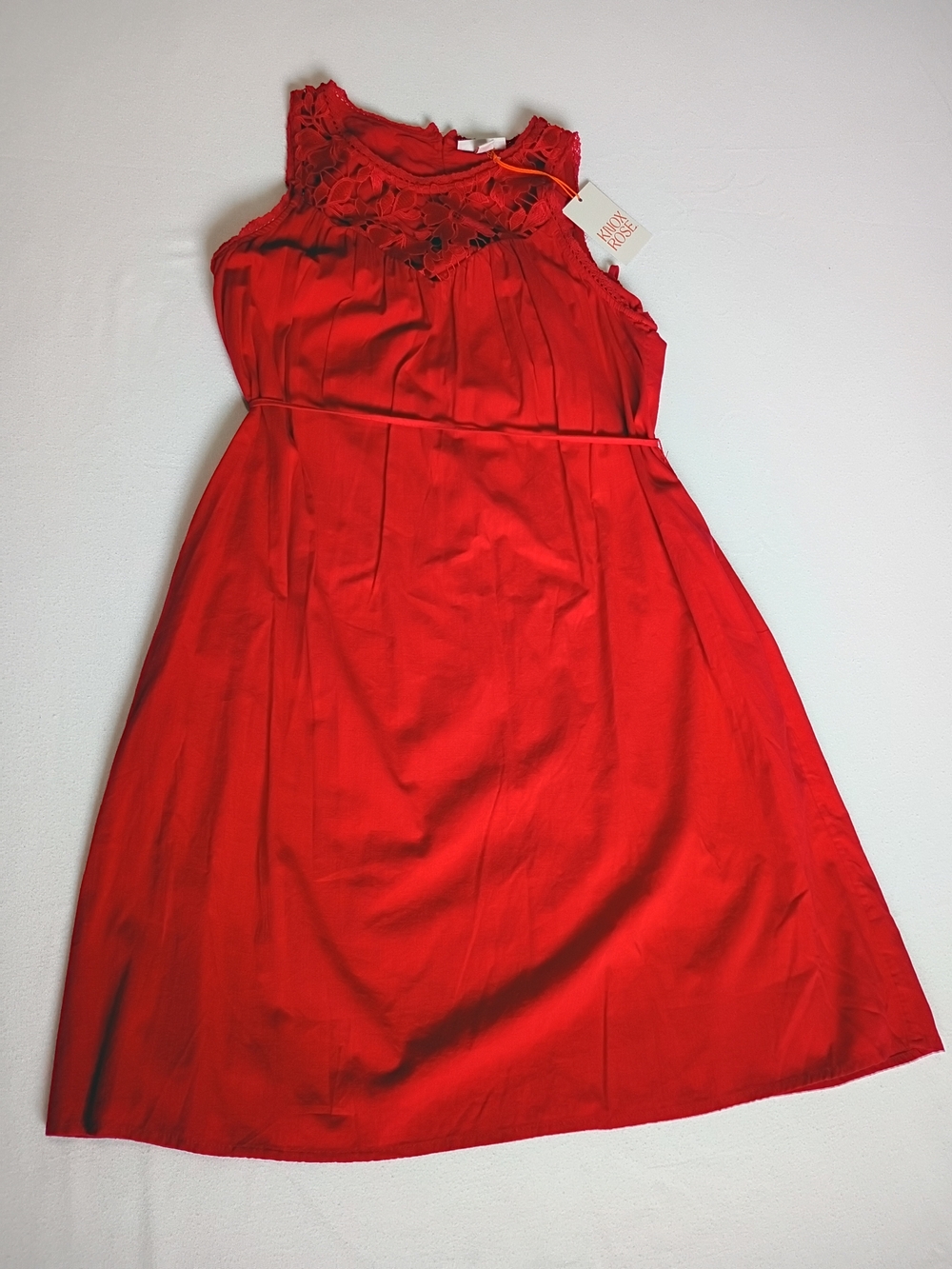 Knox Rose NWT Red Sleeveless Midi Dress Crochet Lace Yoke Tie Waist Small